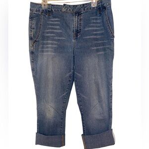 Cato Distressed Cuffed Capris Blue Stretch Denim SZ 12